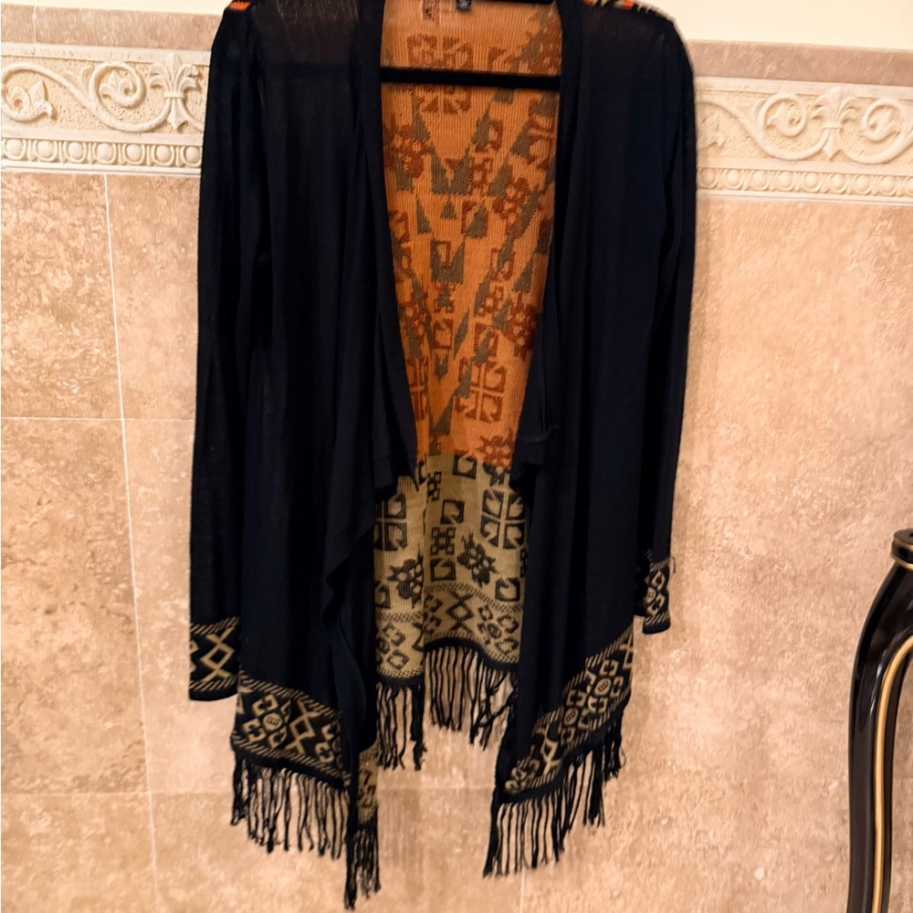 Black and Tan Women's Cardigan with Fringe